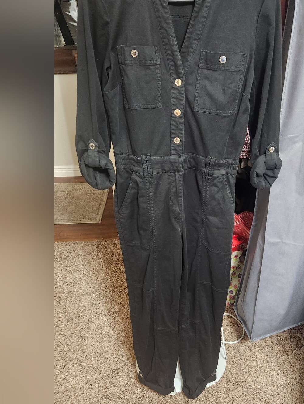 WHBM White House Black Market Long Sleeve Stretch Utility Jumpsuit Black Size 2